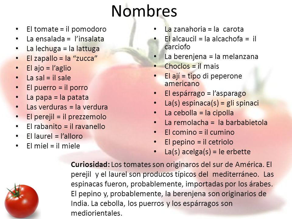 Nombres El tomate = il pomodoro La ensalada = l’insalata