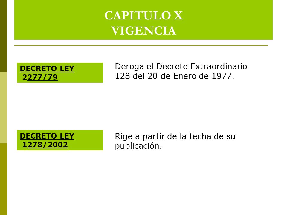 CAPITULO X VIGENCIA Deroga el Decreto Extraordinario 128 del 20 de Enero de DECRETO LEY. 2277/79.