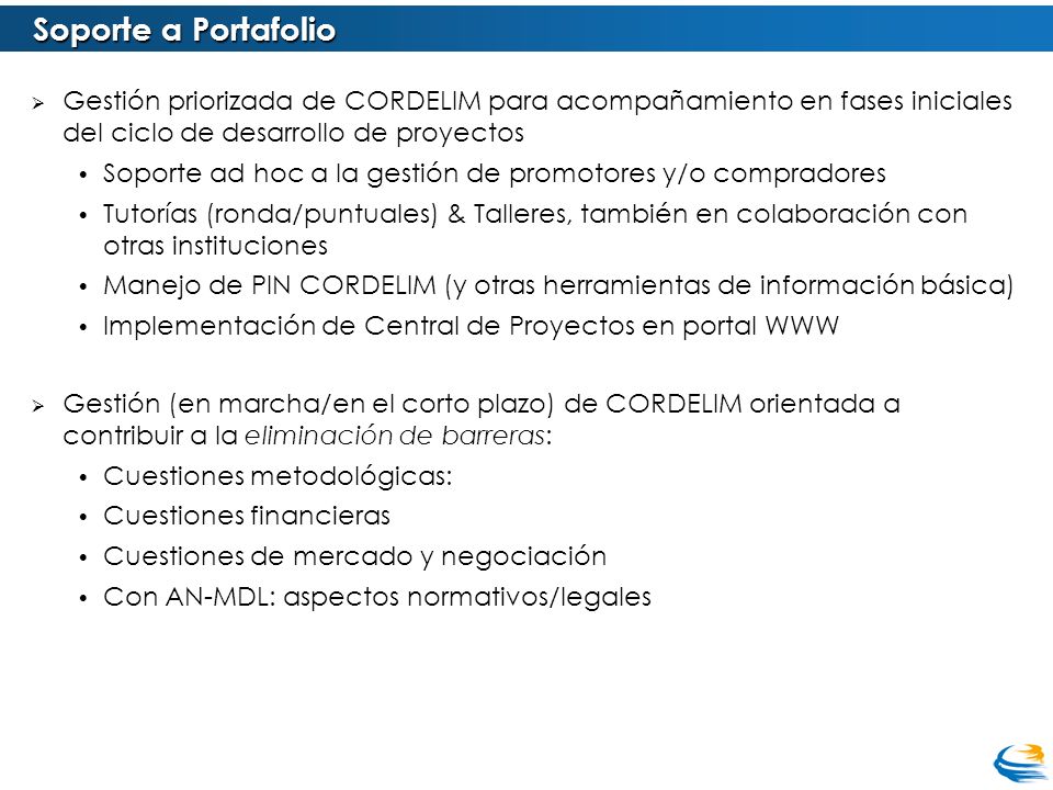 Soporte a Portafolio Gestión priorizada de CORDELIM para acompañamiento en fases iniciales del ciclo de desarrollo de proyectos.