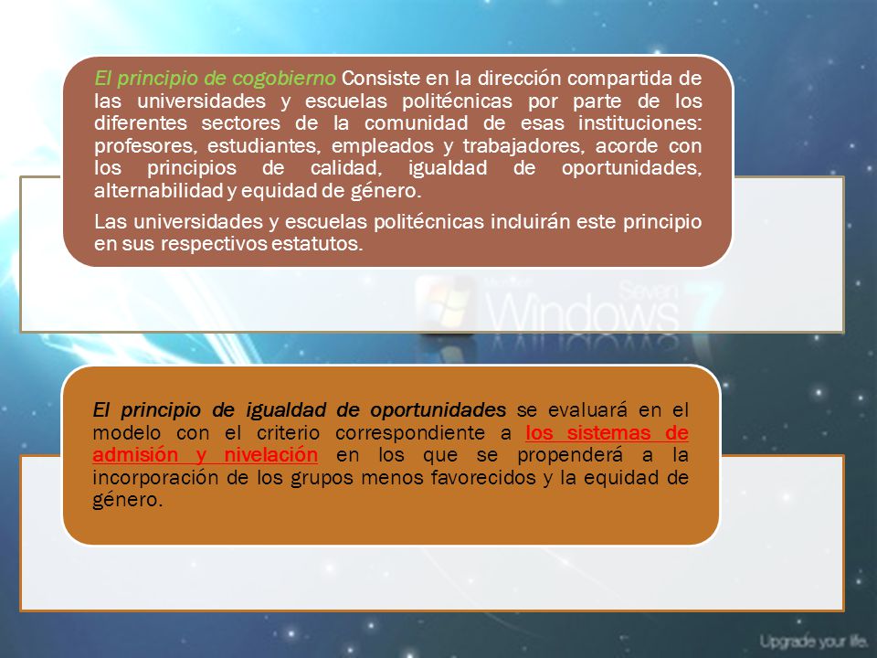 El principio de cogobierno Consiste en la dirección compartida de las universidades y escuelas politécnicas por parte de los diferentes sectores de la comunidad de esas instituciones: profesores, estudiantes, empleados y trabajadores, acorde con los principios de calidad, igualdad de oportunidades, alternabilidad y equidad de género.