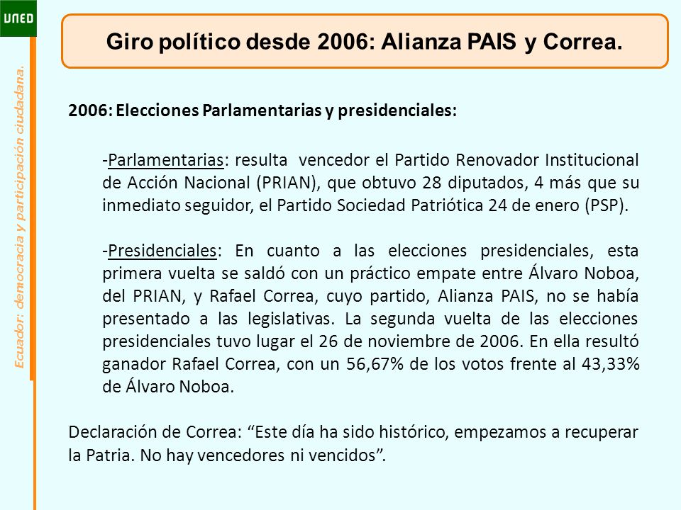 Giro político desde 2006: Alianza PAIS y Correa.