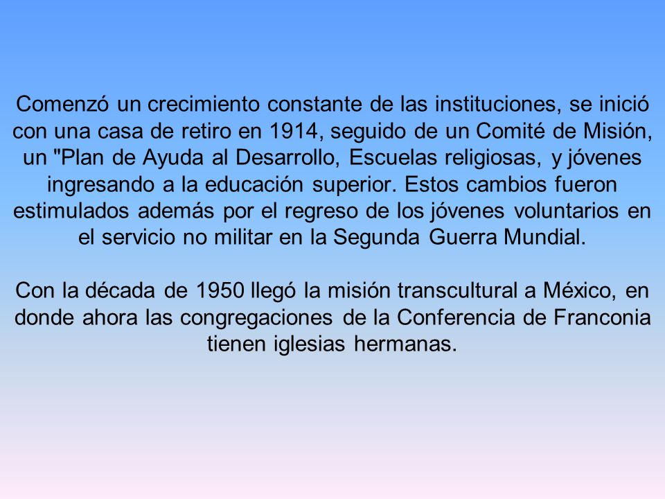 Comenzó un crecimiento constante de las instituciones, se inició con una casa de retiro en 1914, seguido de un Comité de Misión, un Plan de Ayuda al Desarrollo, Escuelas religiosas, y jóvenes ingresando a la educación superior.