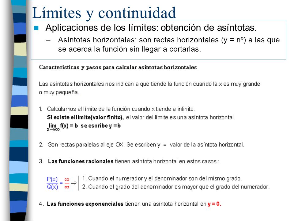 Límites y continuidad Aplicaciones de los límites: obtención de asíntotas.