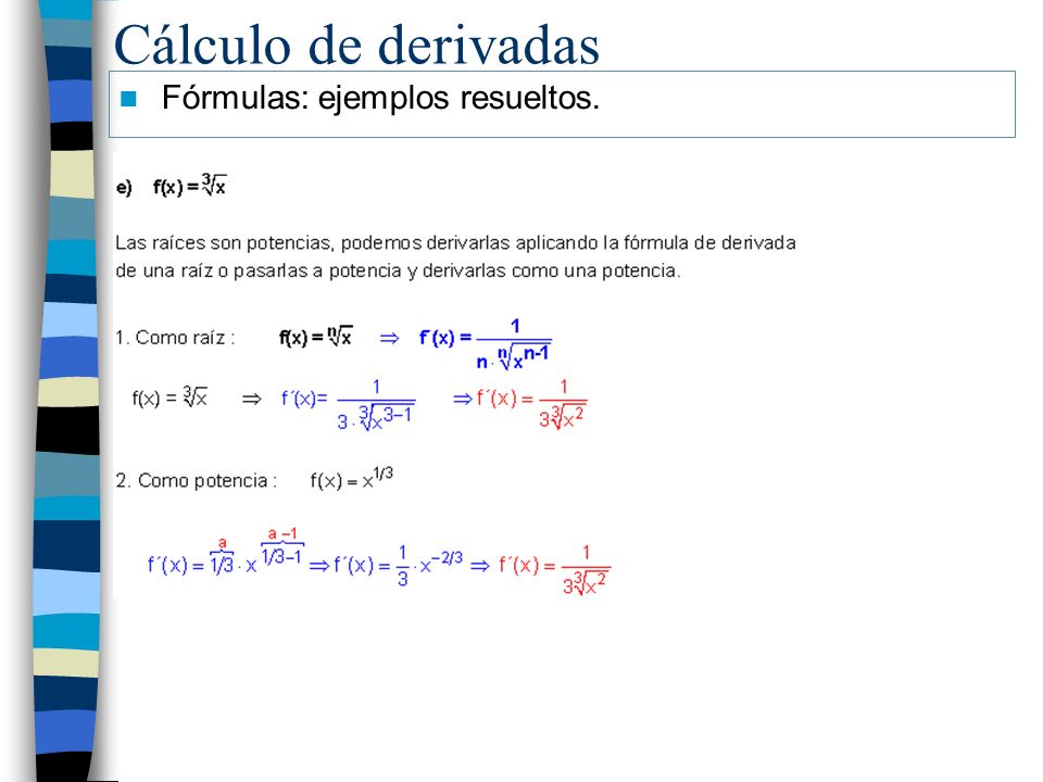 Cálculo de derivadas Fórmulas: ejemplos resueltos.