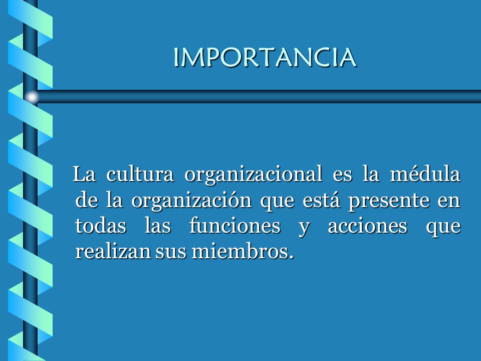 IMPORTANCIA La cultura organizacional es la médula de la organización que está presente en todas las funciones y acciones que realizan sus miembros.