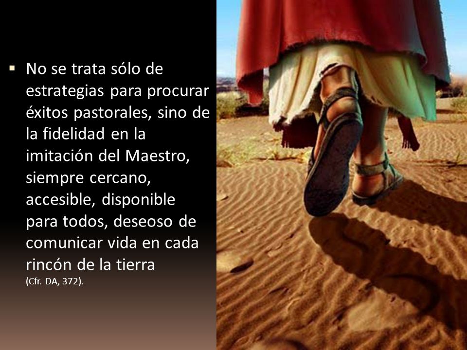 No se trata sólo de estrategias para procurar éxitos pastorales, sino de la fidelidad en la imitación del Maestro, siempre cercano, accesible, disponible para todos, deseoso de comunicar vida en cada rincón de la tierra (Cfr.