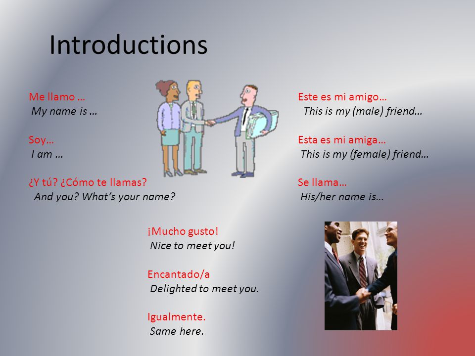 Introductions Me llamo … My name is … Soy… I am …