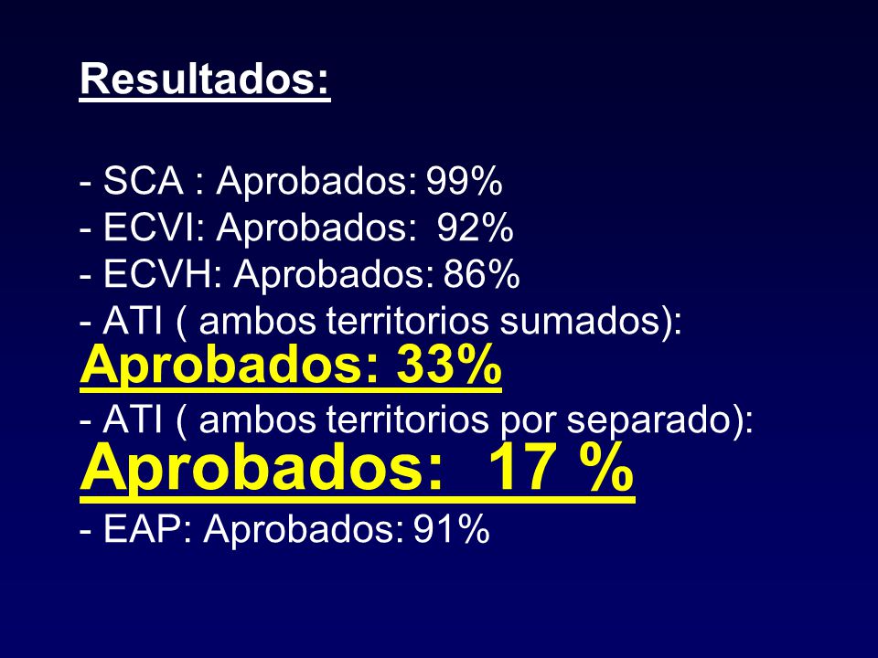 Resultados: - SCA : Aprobados: 99% - ECVI: Aprobados: 92% - ECVH: Aprobados: 86% - ATI ( ambos territorios sumados): Aprobados: 33%