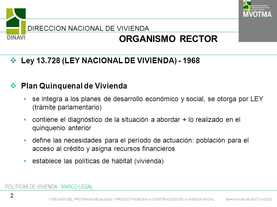 ORGANISMO RECTOR Ley (LEY NACIONAL DE VIVIENDA)