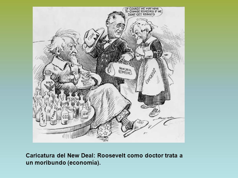 Caricatura del New Deal: Roosevelt como doctor trata a un moribundo (economía).