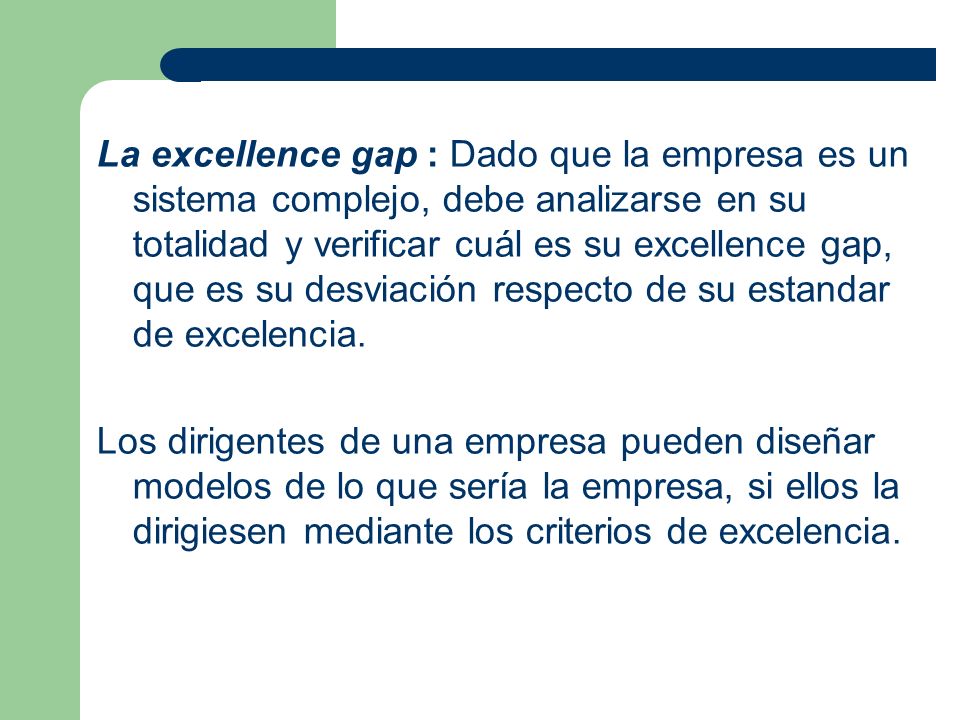 La excellence gap : Dado que la empresa es un sistema complejo, debe analizarse en su totalidad y verificar cuál es su excellence gap, que es su desviación respecto de su estandar de excelencia.