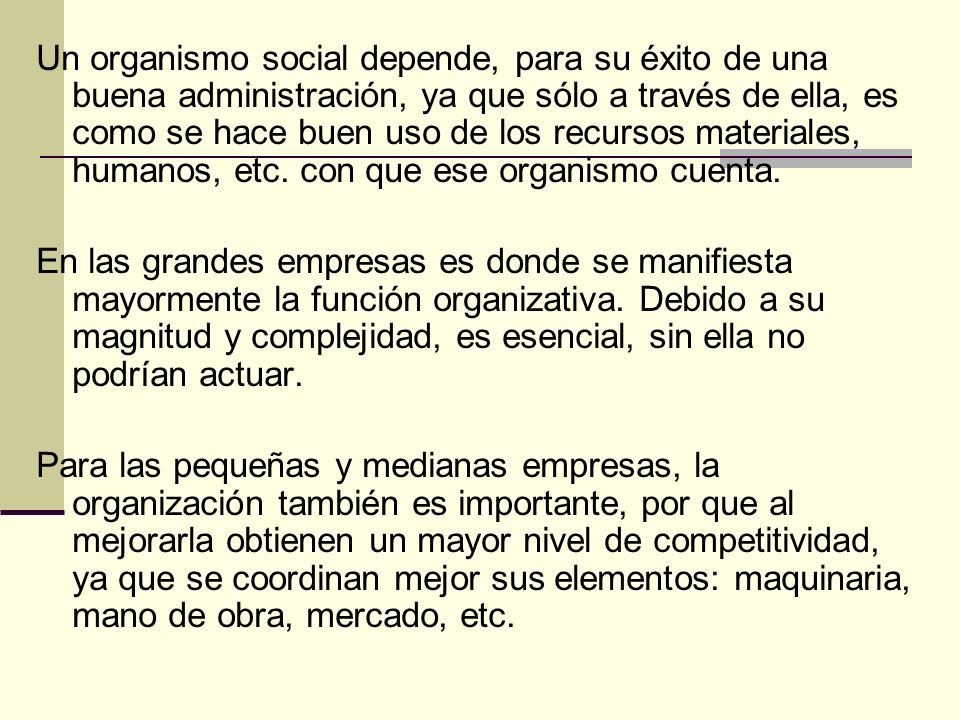 Un organismo social depende, para su éxito de una buena administración, ya que sólo a través de ella, es como se hace buen uso de los recursos materiales, humanos, etc. con que ese organismo cuenta.