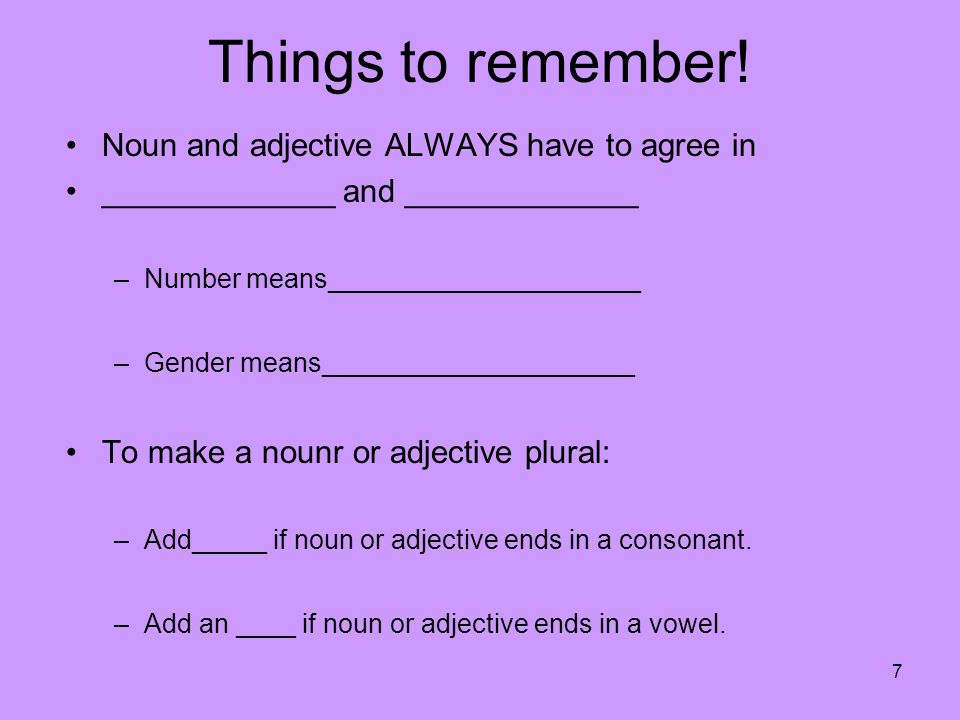 Things to remember! Noun and adjective ALWAYS have to agree in