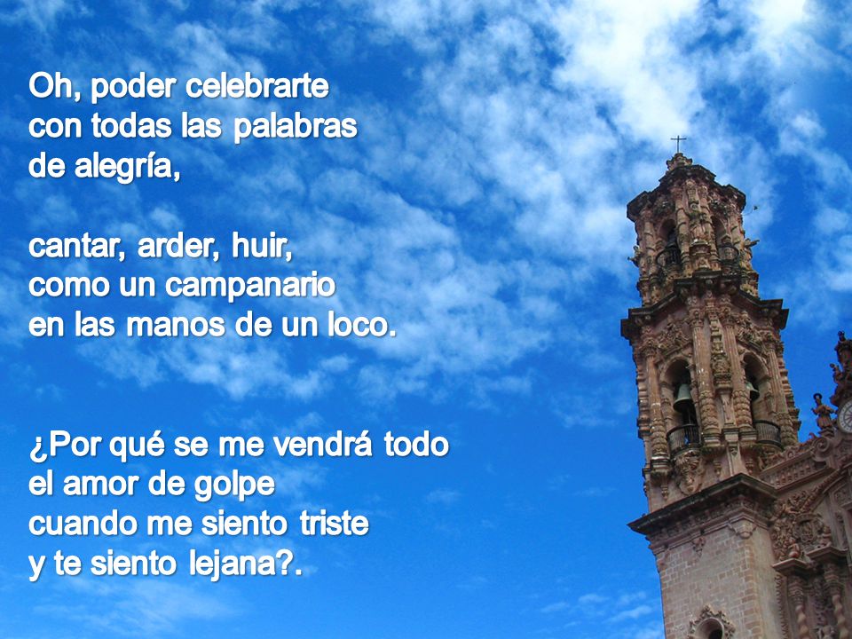 Oh, poder celebrarte con todas las palabras. de alegría, cantar, arder, huir, como un campanario.