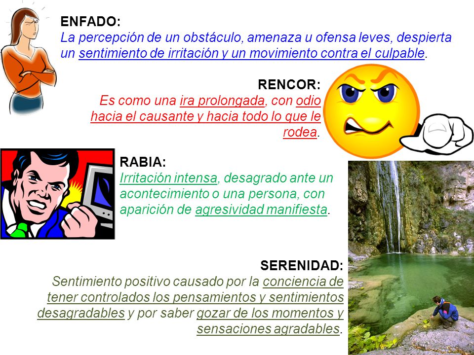 ENFADO: La percepción de un obstáculo, amenaza u ofensa leves, despierta un sentimiento de irritación y un movimiento contra el culpable.