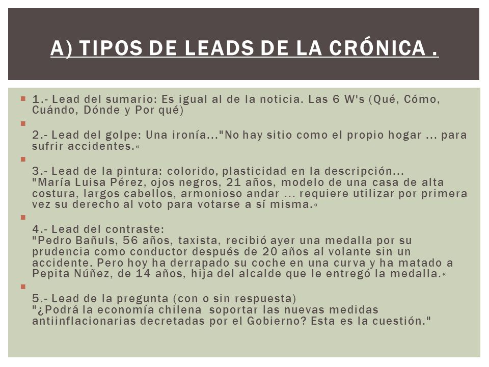 A) Tipos de Leads de la crónica .