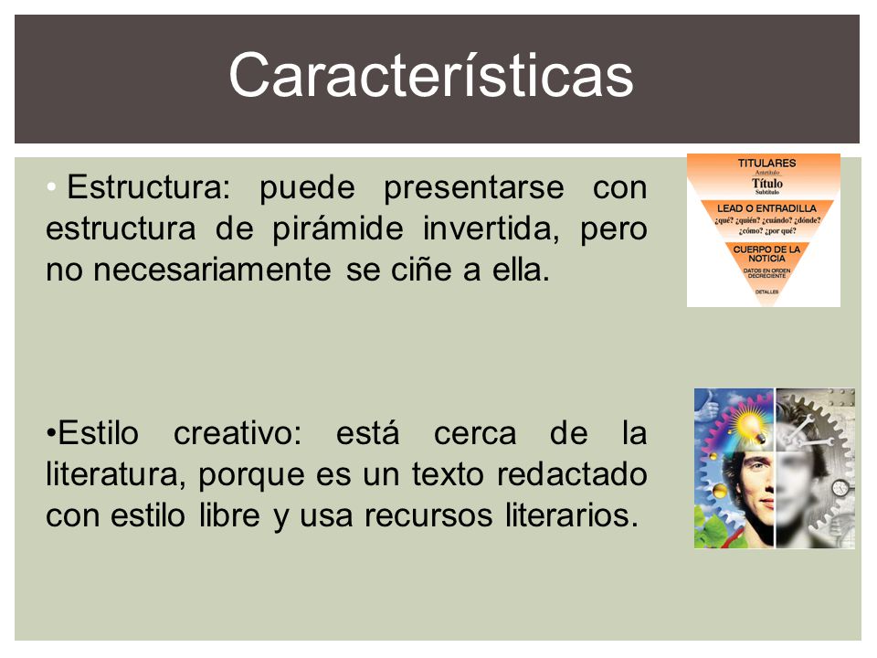 Características Estructura: puede presentarse con estructura de pirámide invertida, pero no necesariamente se ciñe a ella.