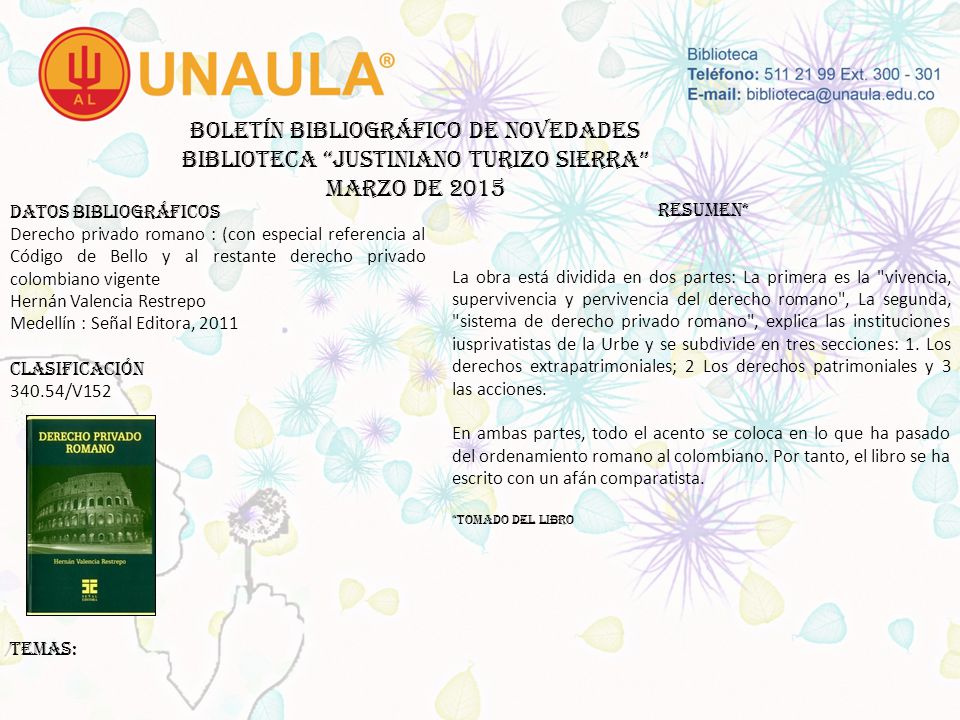 Boletín bibliográfico de novedades biblioteca JUSTINIANO TURIZO SIERRA MARZO DE 2015