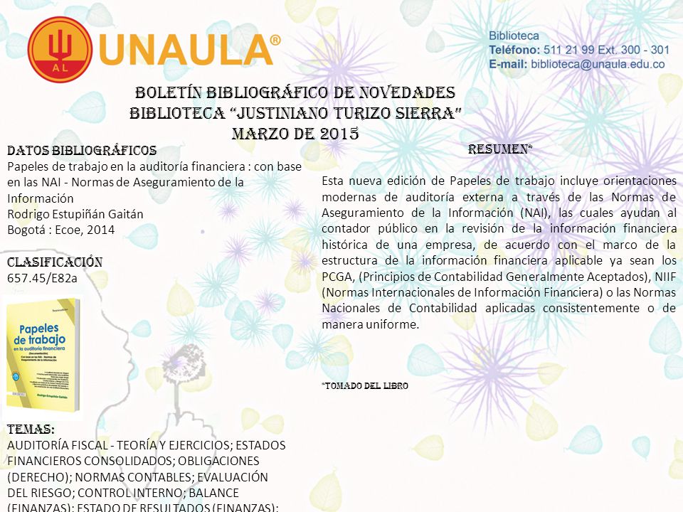 Boletín bibliográfico de novedades biblioteca JUSTINIANO TURIZO SIERRA MARZO DE 2015