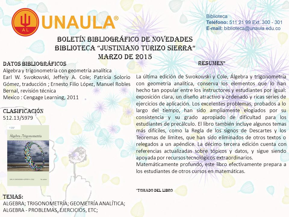 Boletín bibliográfico de novedades biblioteca JUSTINIANO TURIZO SIERRA MARZO DE 2015