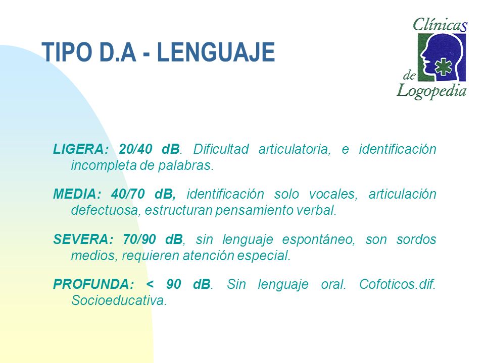 TIPO D.A - LENGUAJE LIGERA: 20/40 dB. Dificultad articulatoria, e identificación incompleta de palabras.