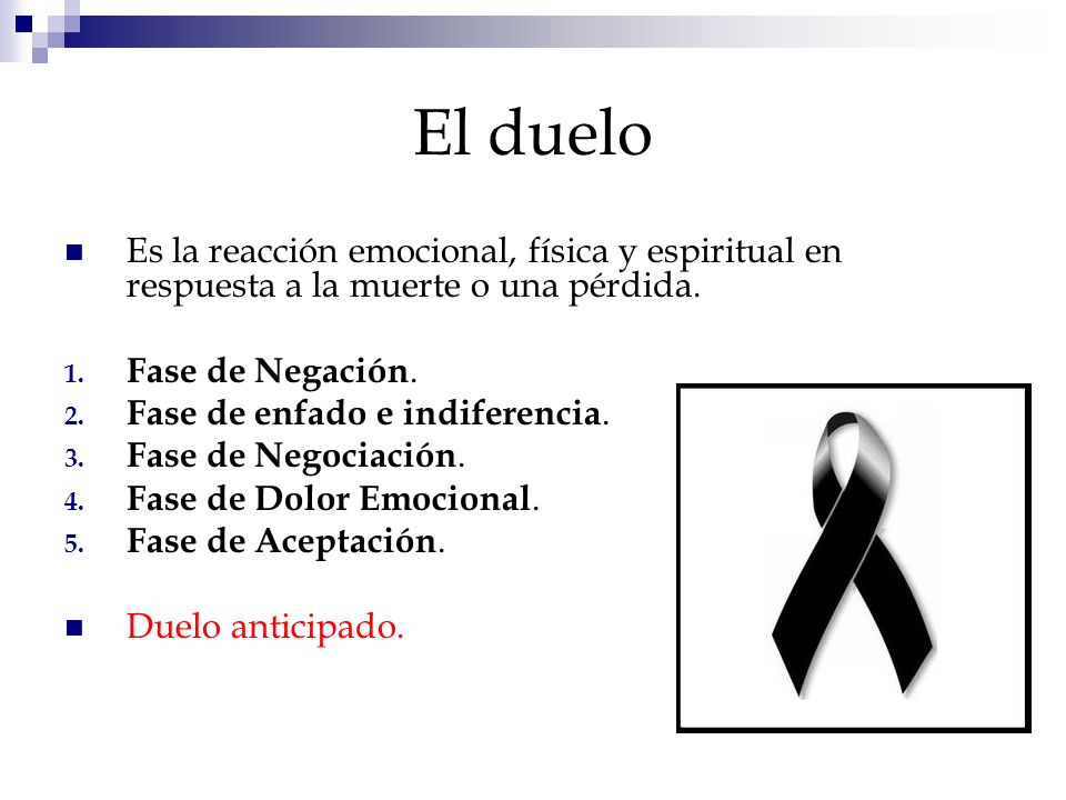 El duelo Es la reacción emocional, física y espiritual en respuesta a la muerte o una pérdida. Fase de Negación.