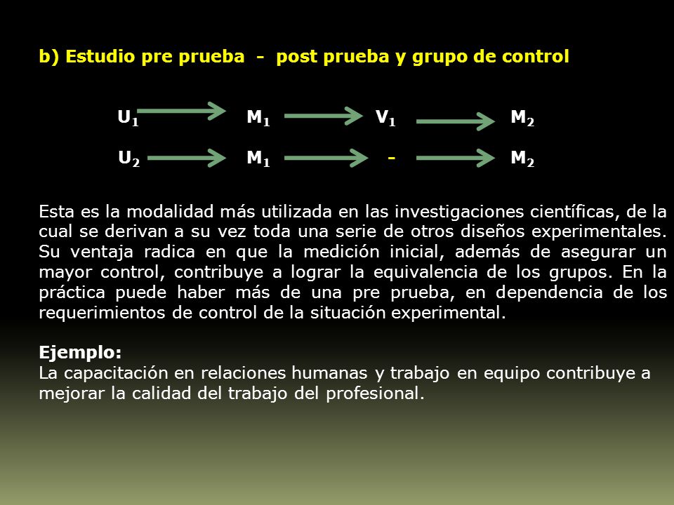 b) Estudio pre prueba - post prueba y grupo de control