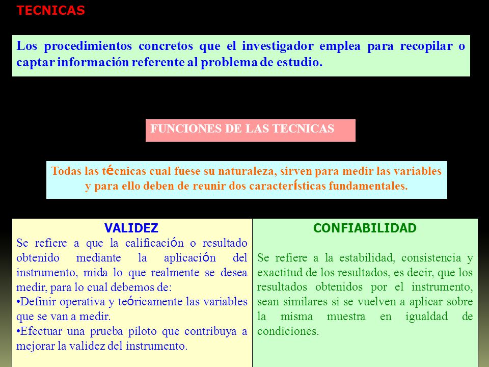 TECNICAS Los procedimientos concretos que el investigador emplea para recopilar o captar información referente al problema de estudio.