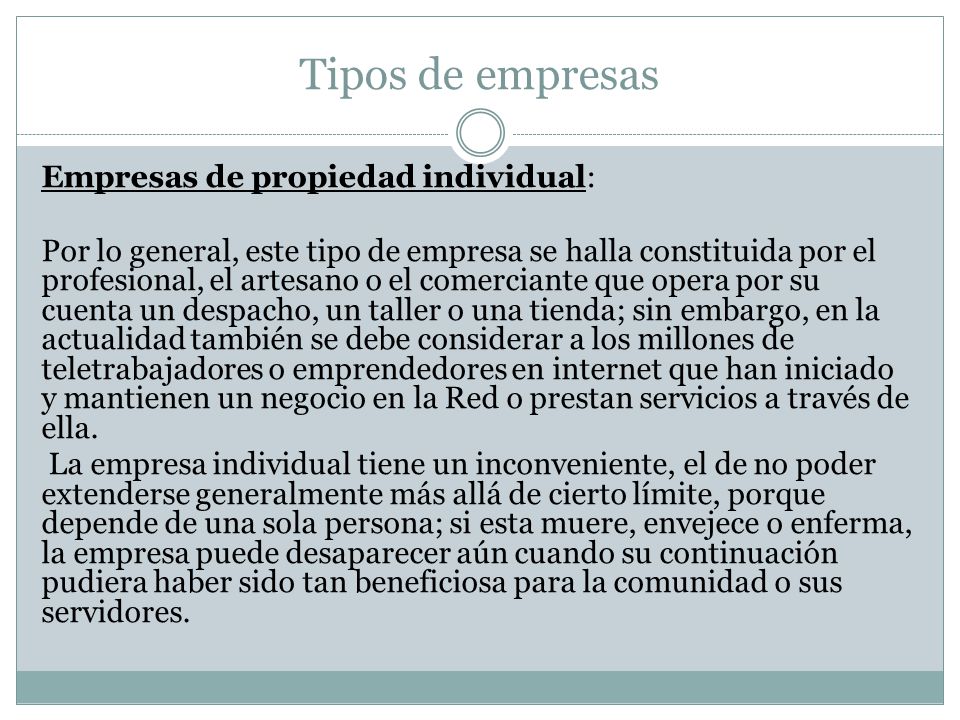 Tipos de empresas Empresas de propiedad individual: