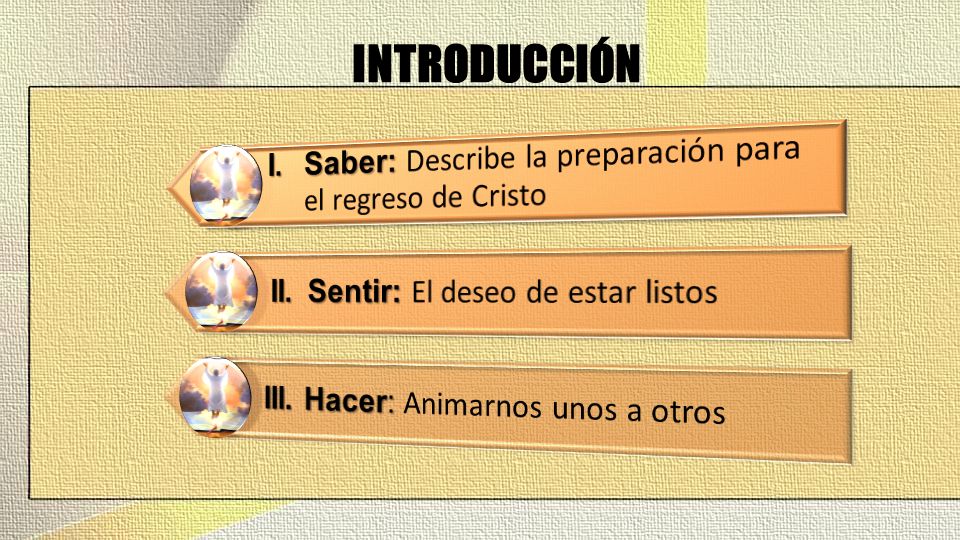 INTRODUCCIÓN I. Saber: Describe la preparación para el regreso de Cristo. II. Sentir: El deseo de estar listos.