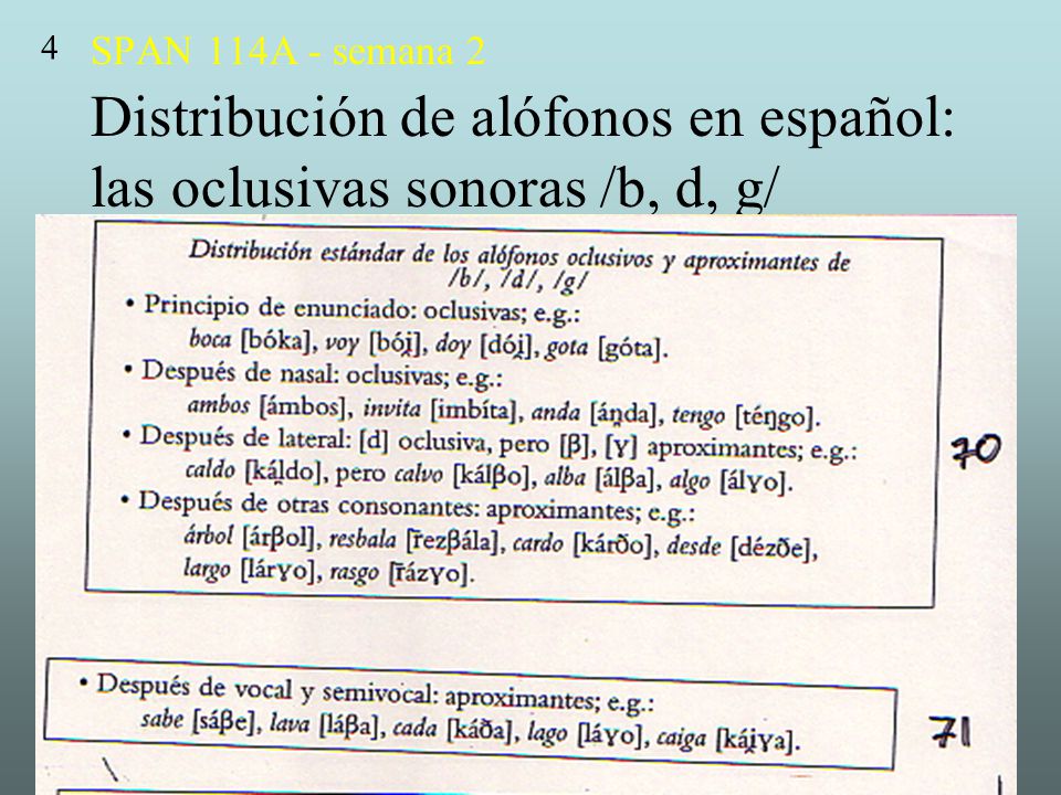 4 SPAN 114A - semana 2 Distribución de alófonos en español: las oclusivas sonoras /b, d, g/