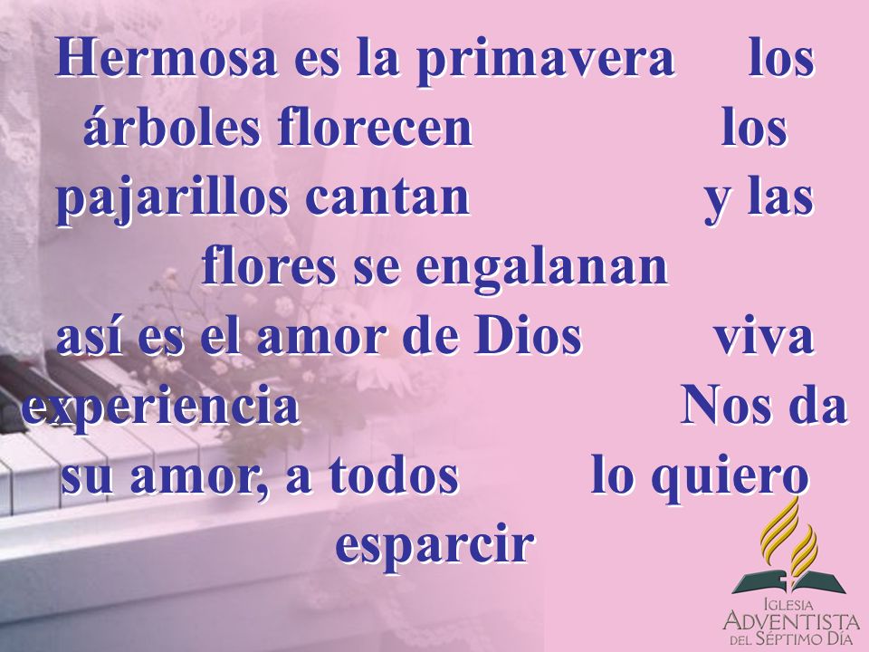 Hermosa es la primavera los árboles florecen los pajarillos cantan y las flores se engalanan así es el amor de Dios viva experiencia Nos da su amor, a todos lo quiero esparcir