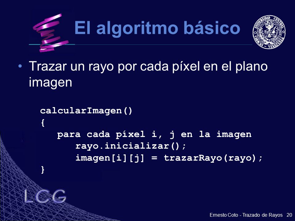 El algoritmo básico Trazar un rayo por cada píxel en el plano imagen