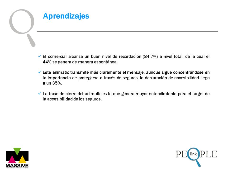 Aprendizajes El comercial alcanza un buen nivel de recordación (84,7%) a nivel total, de la cual el 44% se genera de manera espontánea.
