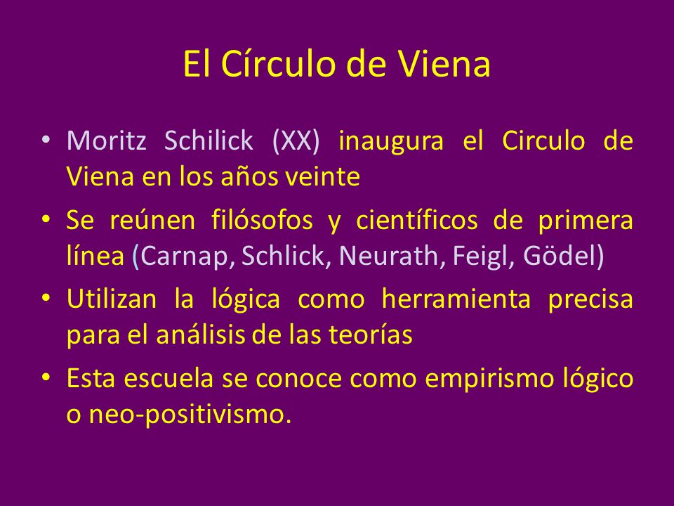 El Círculo de Viena Moritz Schilick (XX) inaugura el Circulo de Viena en los años veinte.