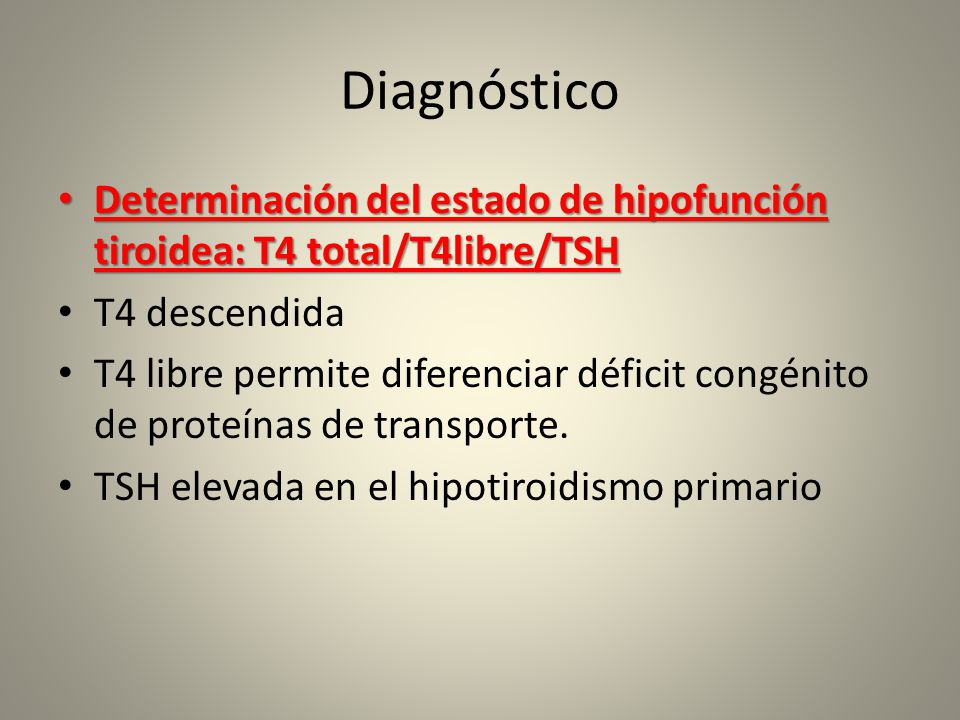 Diagnóstico Determinación del estado de hipofunción tiroidea: T4 total/T4libre/TSH. T4 descendida.