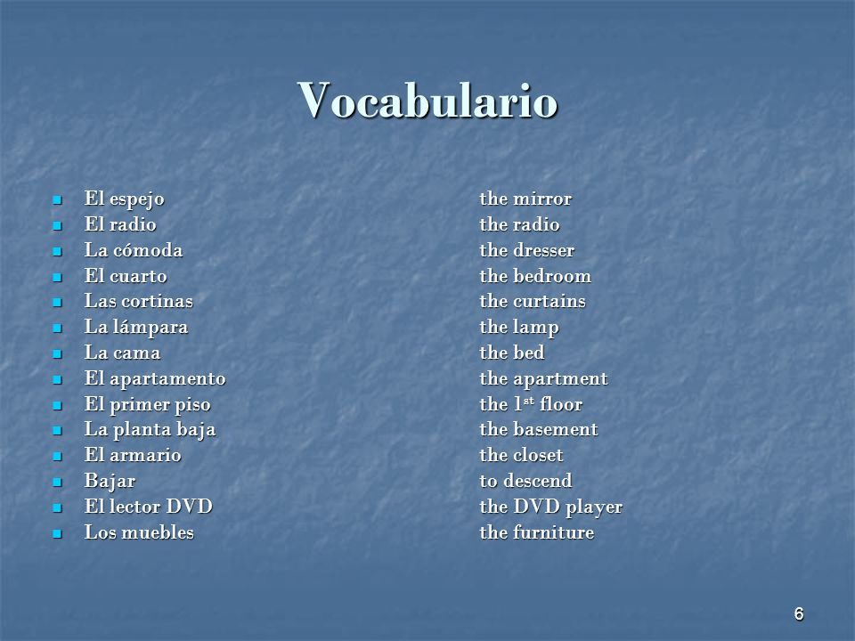 Vocabulario El espejo the mirror El radio the radio