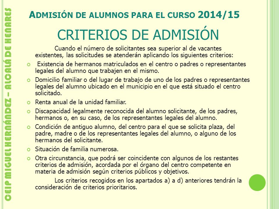 Admisión de alumnos para el curso 2014/15