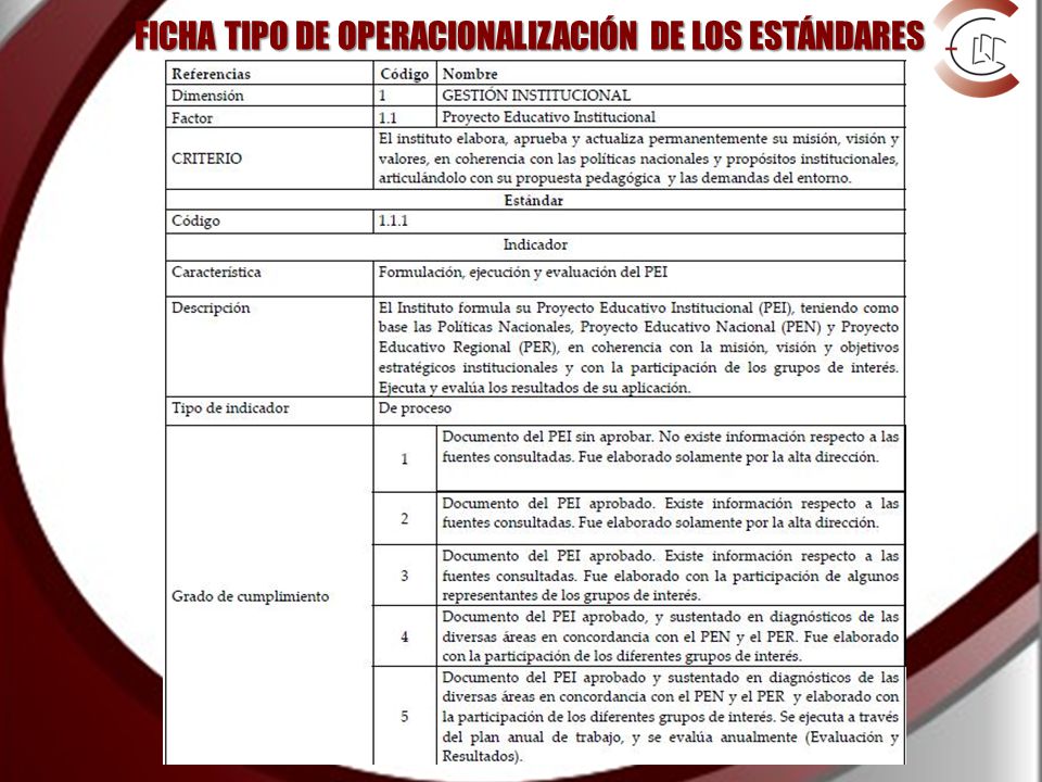 FICHA TIPO DE OPERACIONALIZACIÓN DE LOS ESTÁNDARES