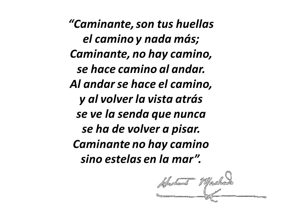 Caminante, son tus huellas el camino y nada más; Caminante, no hay camino, se hace camino al andar.