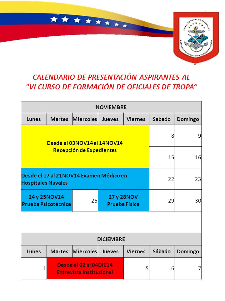 CALENDARIO DE PRESENTACIÓN ASPIRANTES AL VI CURSO DE FORMACIÓN DE OFICIALES DE TROPA