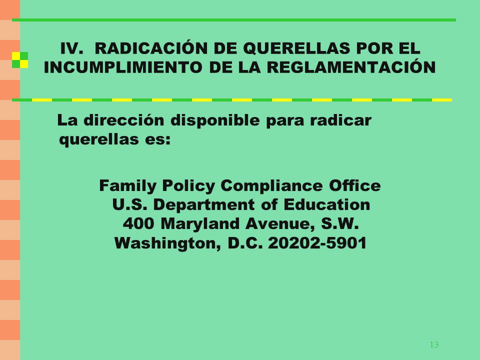 IV. RADICACIÓN DE QUERELLAS POR EL INCUMPLIMIENTO DE LA REGLAMENTACIÓN