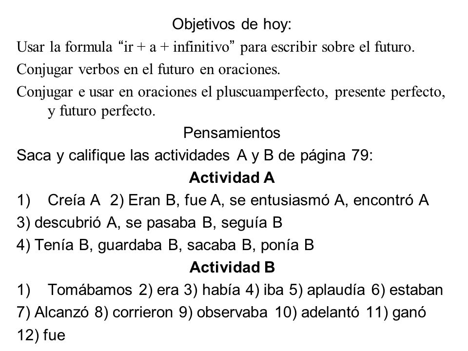Objetivos de hoy: Usar la formula ir + a + infinitivo para escribir sobre el futuro. Conjugar verbos en el futuro en oraciones.