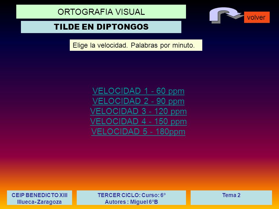 TILDE EN DIPTONGOS Elige la velocidad. Palabras por minuto.