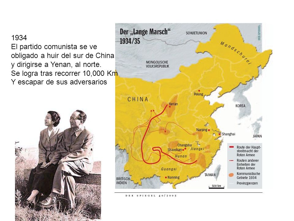 1934 El partido comunista se ve. obligado a huir del sur de China. y dirigirse a Yenan, al norte.