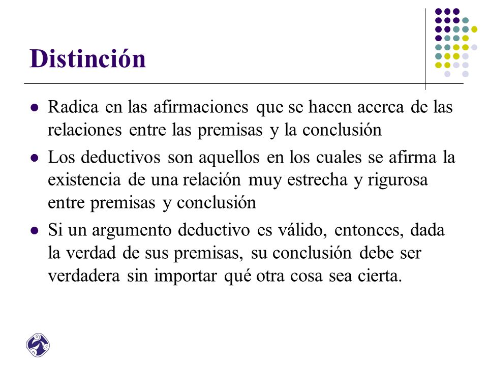 Distinción Radica en las afirmaciones que se hacen acerca de las relaciones entre las premisas y la conclusión.