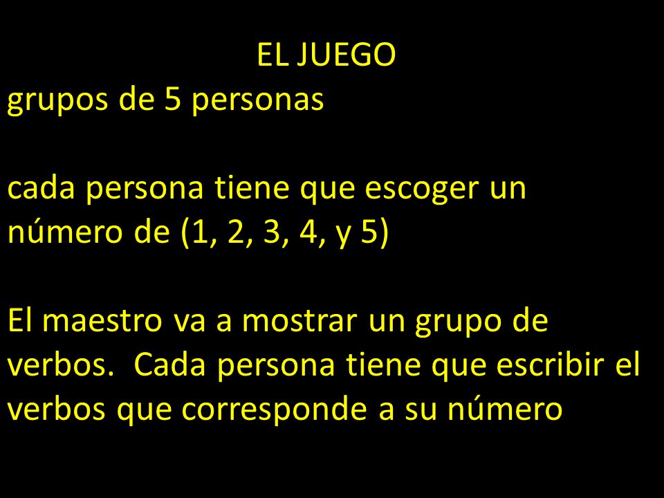 EL JUEGO grupos de 5 personas. cada persona tiene que escoger un número de (1, 2, 3, 4, y 5)