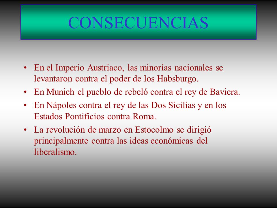 CONSECUENCIAS En el Imperio Austriaco, las minorías nacionales se levantaron contra el poder de los Habsburgo.