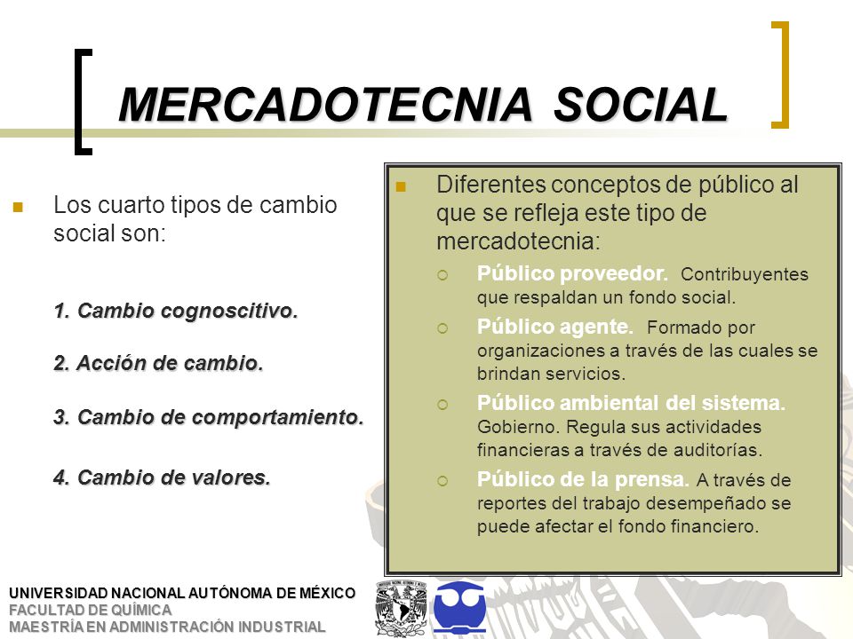 MERCADOTECNIA SOCIAL Diferentes conceptos de público al que se refleja este tipo de mercadotecnia: