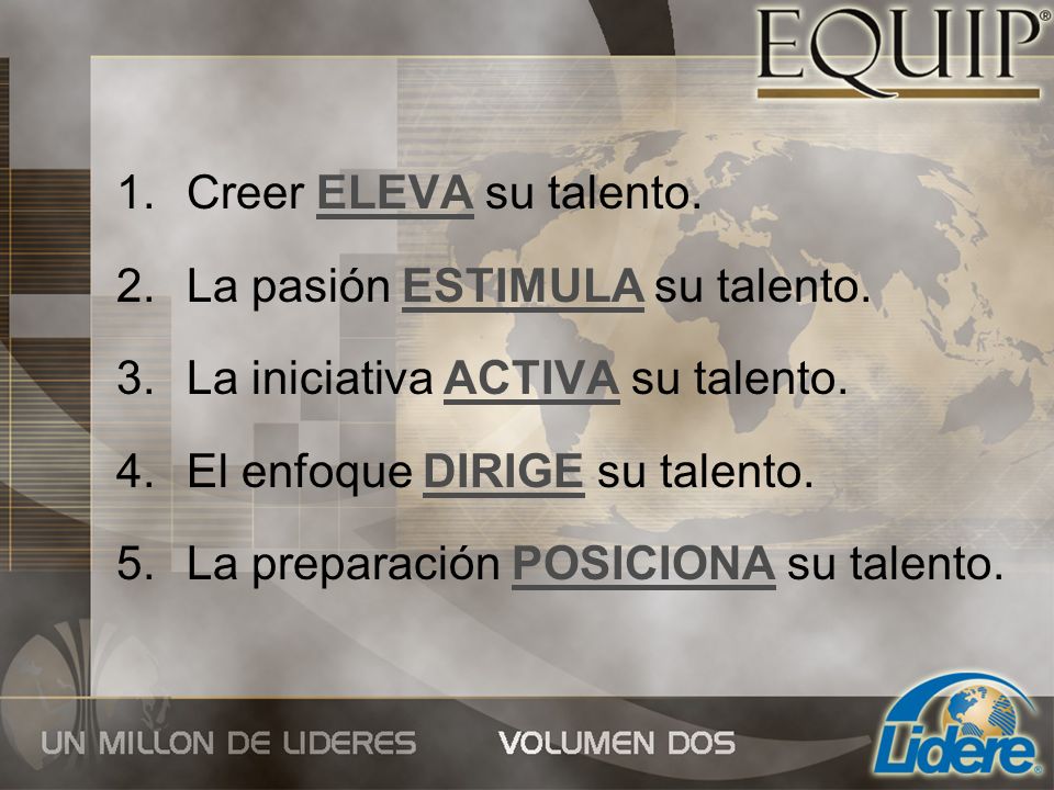 Creer ELEVA su talento. La pasión ESTIMULA su talento. La iniciativa ACTIVA su talento. El enfoque DIRIGE su talento.